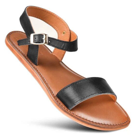 NEW  PIORRI Handmade In Pakistan Leather Ankle Wrap Flat Sandals black 825 2j7 - Picture 1 of 4